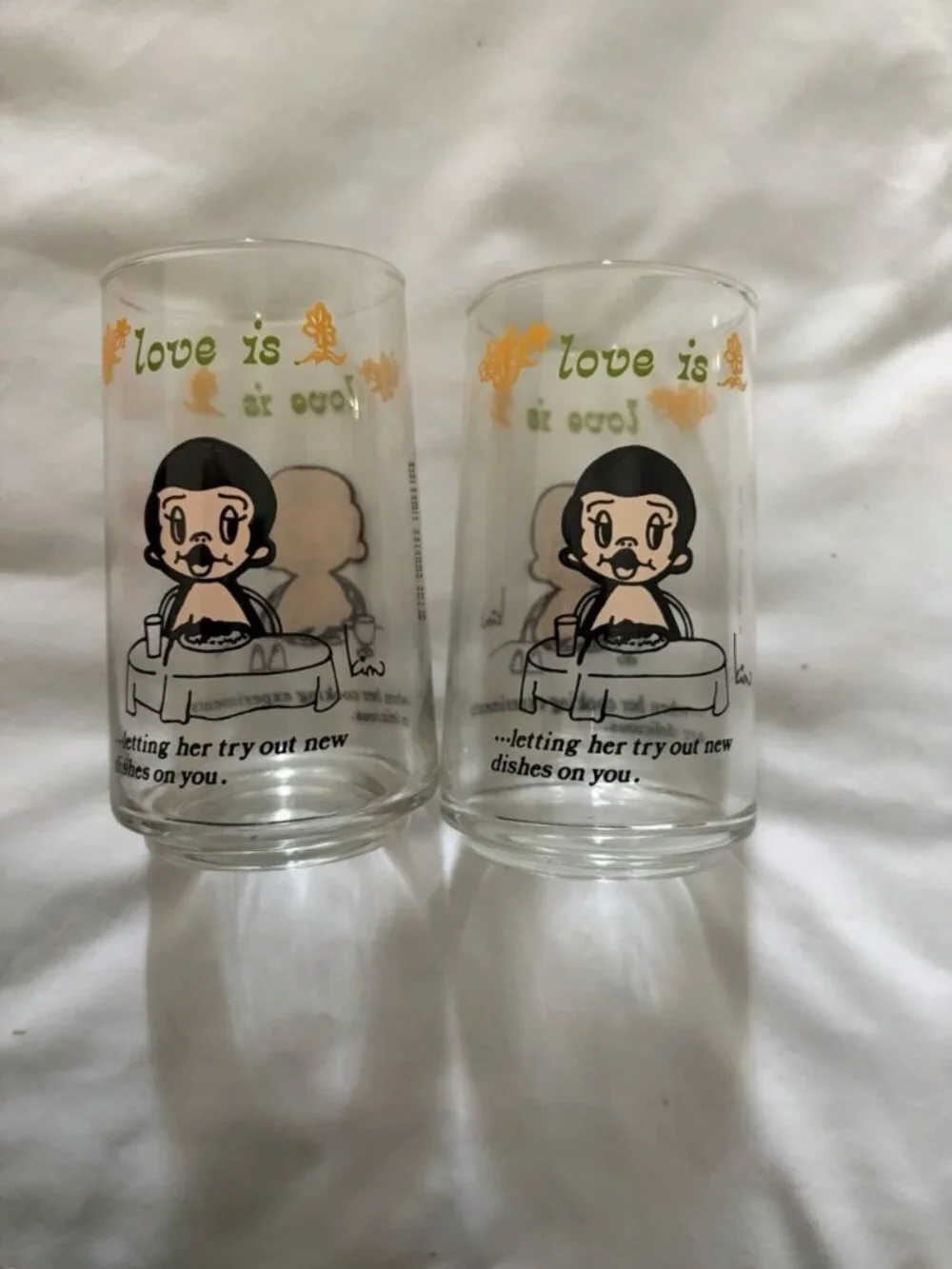 Vintage Anchor Hocking 1976 Kim Casali LA Times Love Is 8 Pc Set 12oz Glass Cups